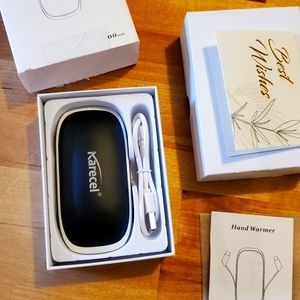 Combination portable charger and handwarmer-iphone and USB C attached cords